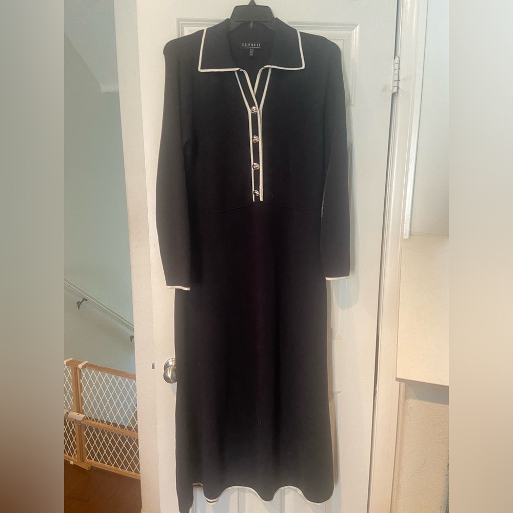 Eloquii Black Long-Sleeve Knit Maxi Dress with Contrast Trim